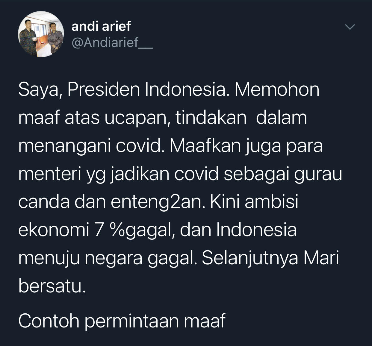 Cuitan Andi Arief yang seolah menyindir Presiden Jokowi.