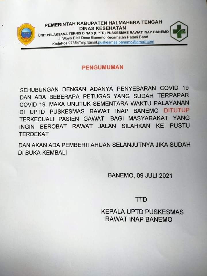 Pengumuman ditutupnya sementara UPTD Puskesmas Rawat Inap Banemo, Patani Barat, Halmahera Tengah