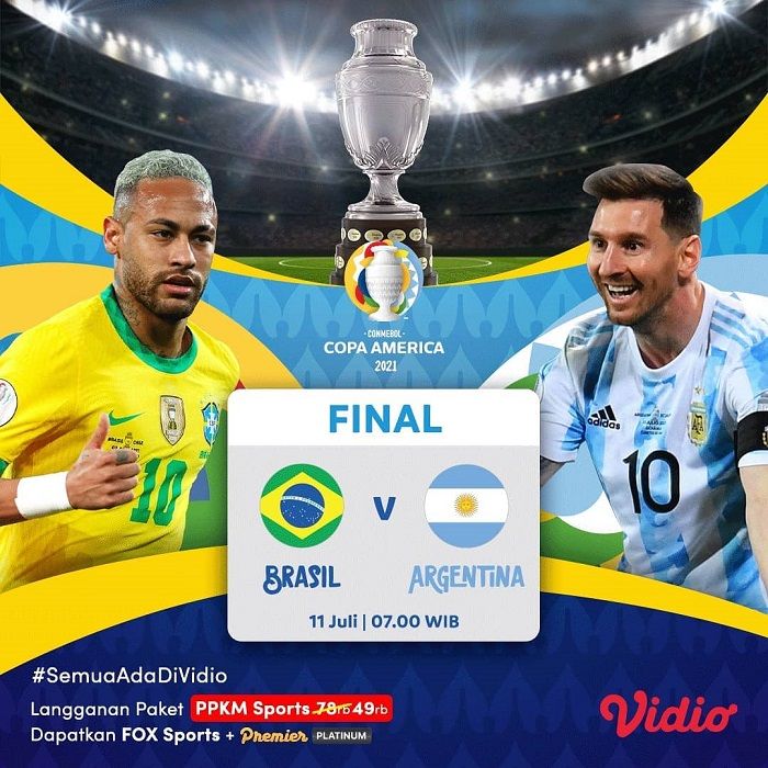 Lengkap! Daftar link streaming Brasil vs Argentina final Copa America 2021 Minggu 11 Juli 2021 jam 07 WIB.