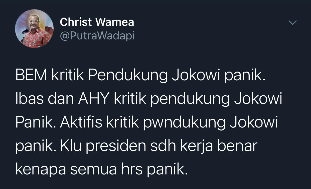 Christ Wamea menyindir para pendukung Jokowi yang panik saat presiden dikritik Ibas, AHY, dan BEM UI.