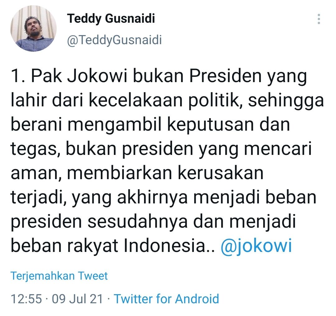 Tangkapan layar cuitan Teddy Gusnaidi yang analogikan Jokowi sebagai antivirus./
