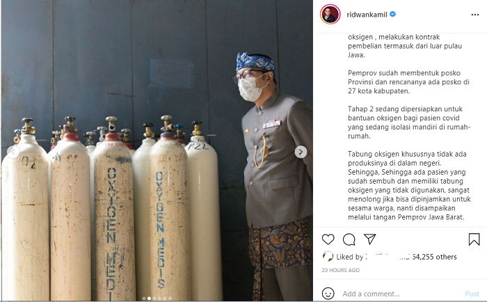 Ungahan Ridwan Kamil terkait tabung oksigen.