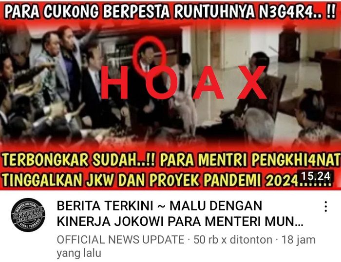 Para Menteri Kabinet Jokowi dikabarkan mundur secara massal karena malu dengan kinerja pemerintahan. Dari penelusuran, ternyata kabar ini hoaks.