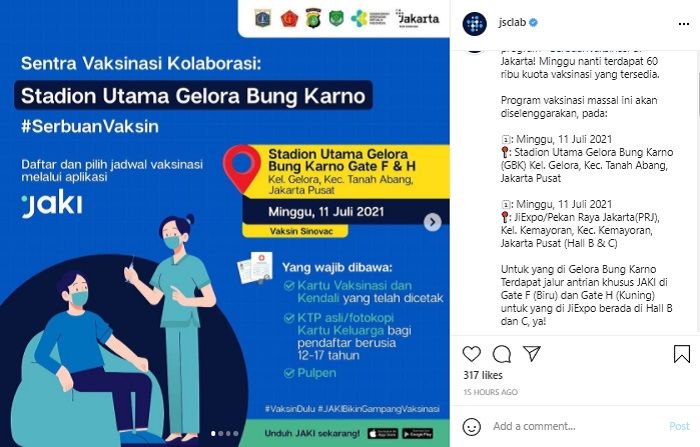 Ikuti program vaksinasi massal  Stadion Utama Gelora Bung Karno (GBK) dan JiExpo Kemayoran di hari ini, Minggu, 11 Juli 2021.*