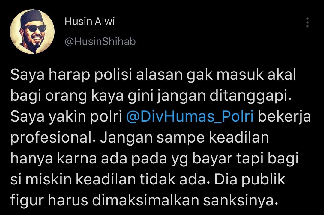 Cuitan Husin Shihab yang berharap polisi bekerja profesional atas kasus penyalahgunaan Nia Ramadhani dan Ardi Bakrie.