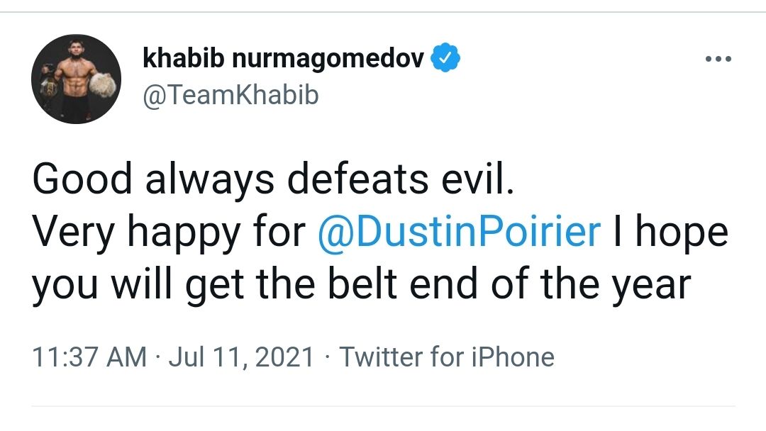 Unggahan Twitter Khabib Nurmagomedov usai Conor McGregor menelan kekalahan di UFC.