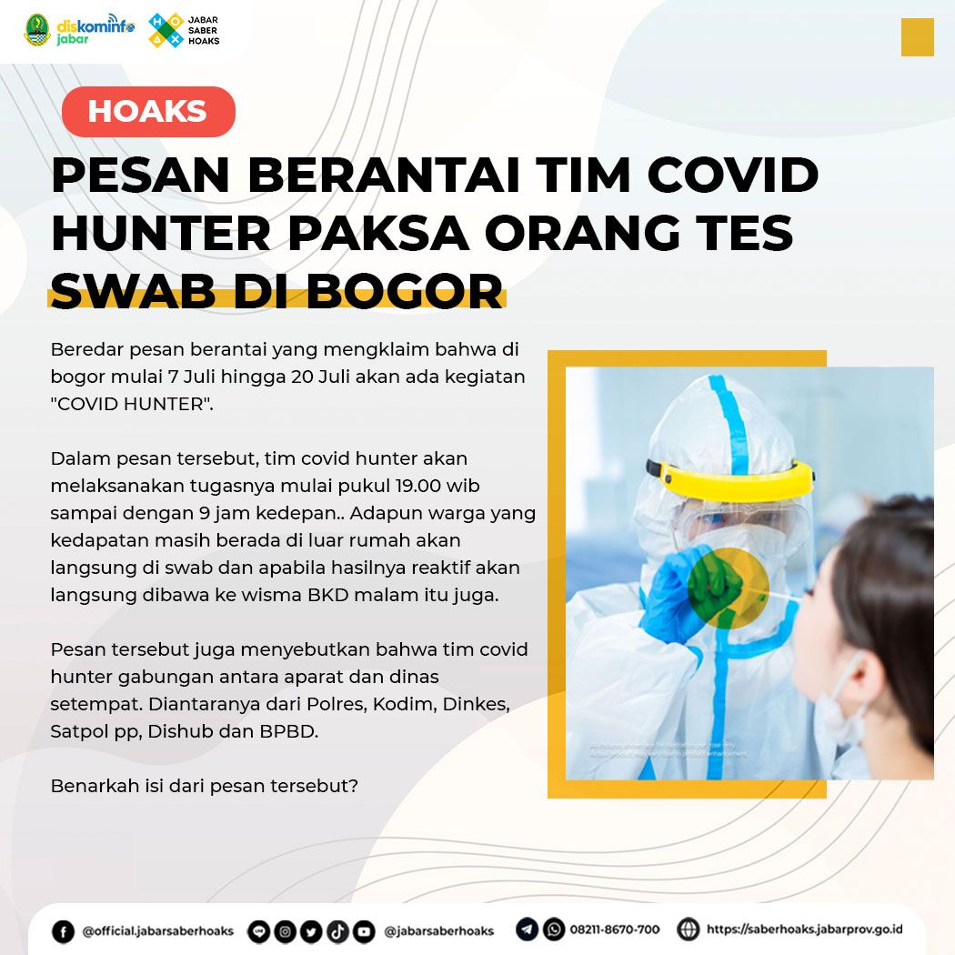 leaflet kabar hoaks pesan berantai Tim Covid Hunter akan paksa orang tes swab di Bogor