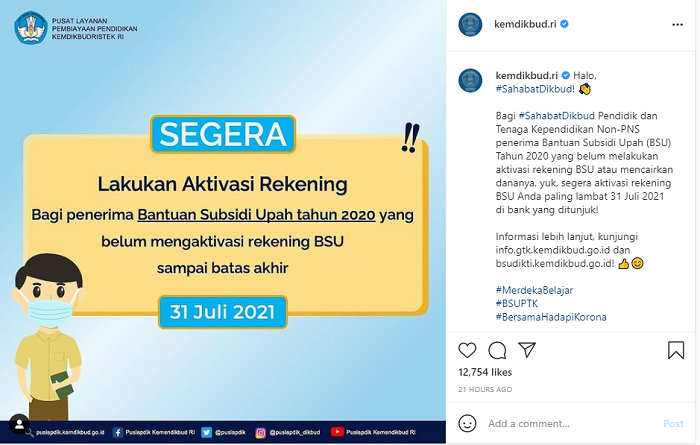 Hasil tangkap layar laman Instagram Kemdikbud