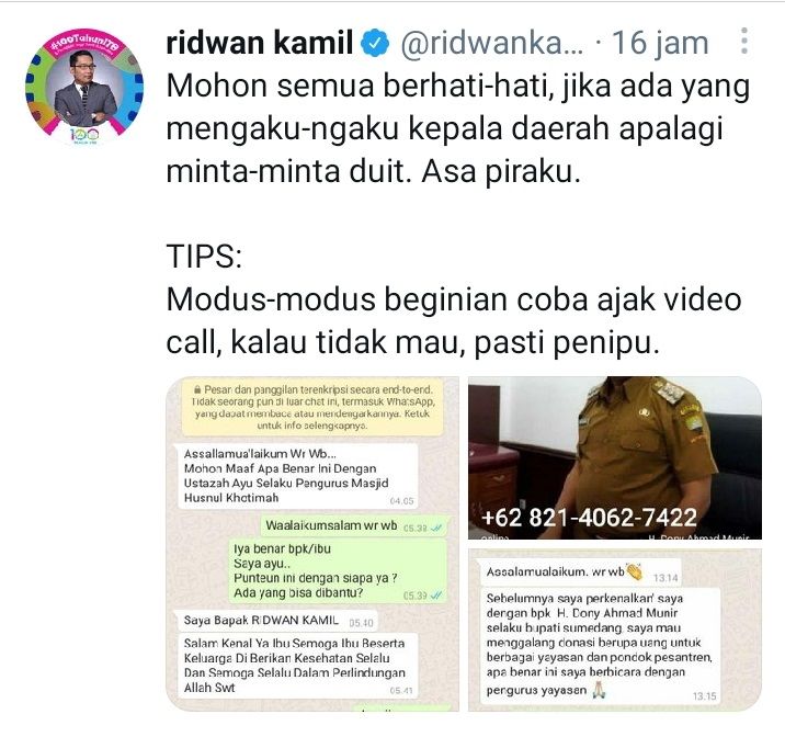 Cuitan Ridwan Kamil terkait pencatutan namanya oleh oknum penipuan mengatasnamakan pejabat.