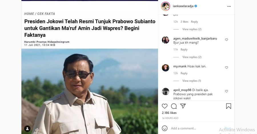 Ian Kasela Berharap Isu Prabowo Gantikan Ma'ruf Amin Jadi Wapres Nyata Terjadi, Netizen Ingatkan Itu Hoax