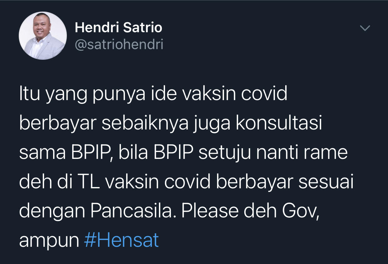Hendri Satrio menyoroti soal rencana Vaksin Gotong Royong di Kimia Farma dengan menyinggung BPIP.