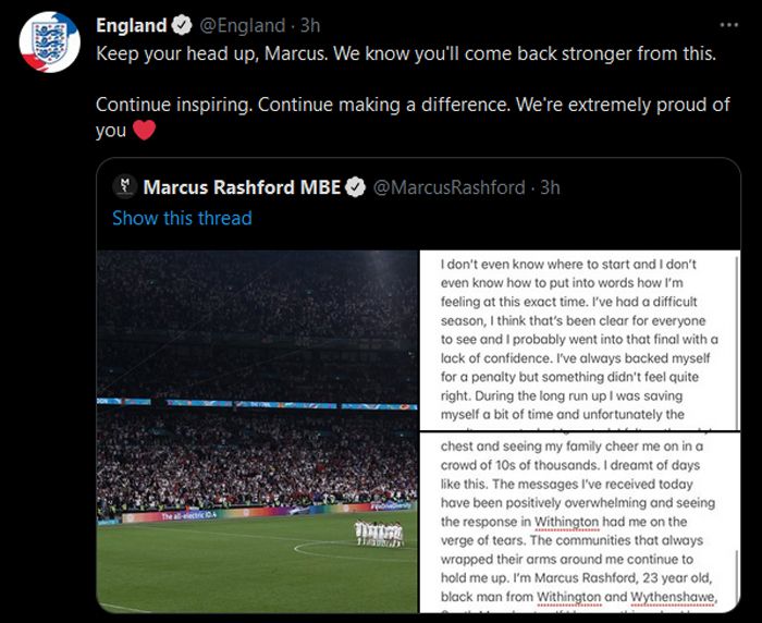 Tanggapan akun Twitter resmi Timnas Inggris kepada Marcus Rashford