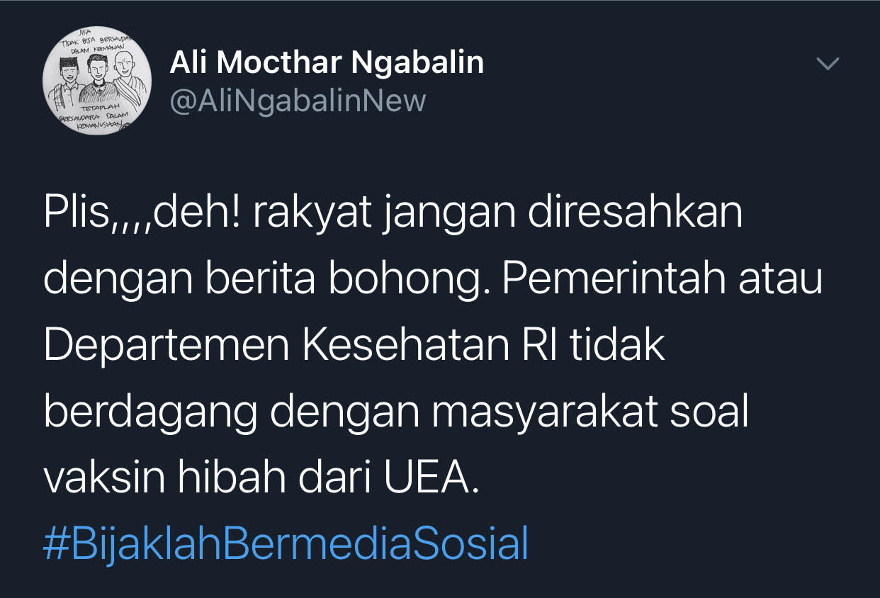 Cuitan Ali Ngabalin soal kabar UEA hibahkan vaksin Sinopharm kepada Indonesia.