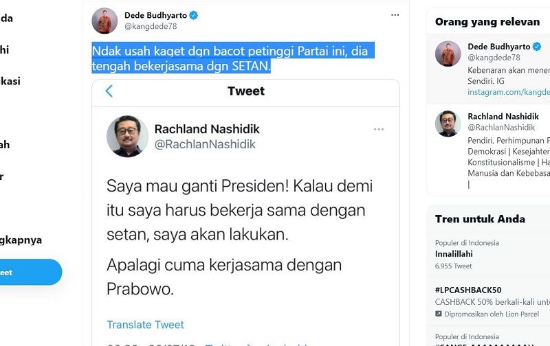 Tangkap layar di akun Twitter @kangdede78. Kang Dede mengomentari cuitan Kader Demokrat yang siap kerja sama Partai Gerindra demi mengganti Presiden Joko Widodo alias Jokowi