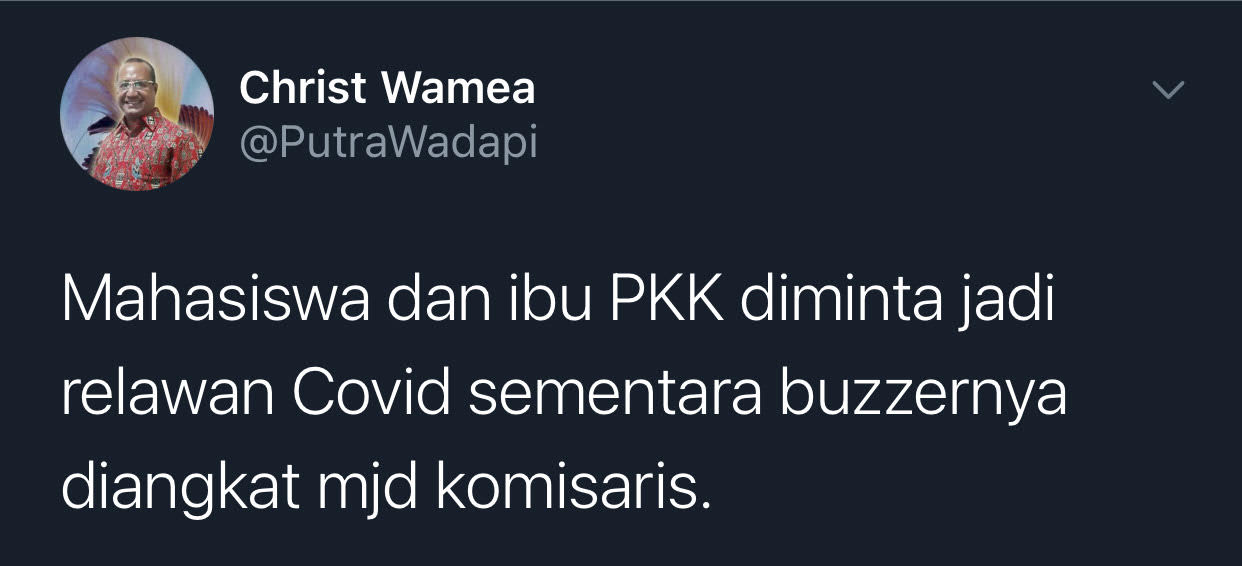 Cuitan Christ Wamea yang soroti ajakan Jokowi agar ibu-ibu PKK dan mahasiswa jadi relawan Covid-19.