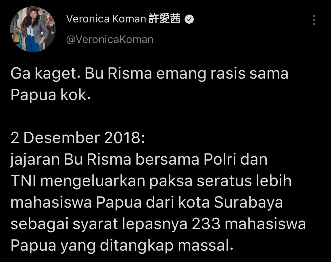 Veronica Koman sentil Mensos Risma terkait ancamannya memindahkan ASN yang kinerjanya tidak becus ke Papua.