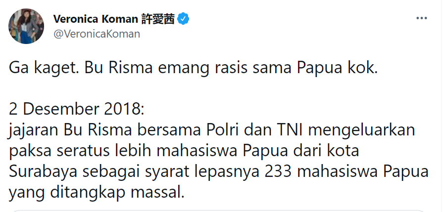Cuitan Veronica Koman soal pernyataan Risma tentang ASN tak becus yang bakal dikirim ke Papua.