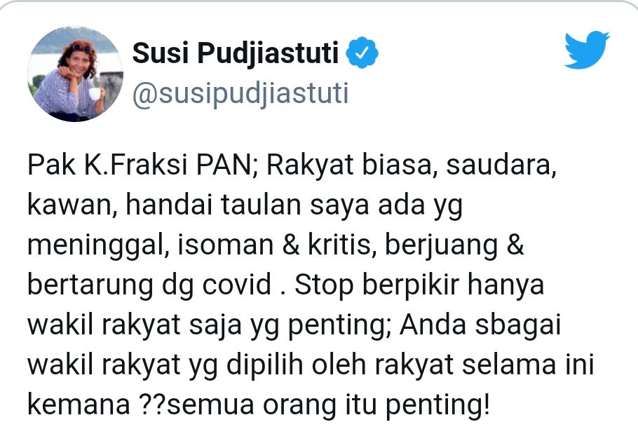 Mantan Menteri Kelautan Protes Usulan PAN Soal ICU, Susi Pudjiastuti: Stop Berpikir Wakil Rakyat yang Penting.