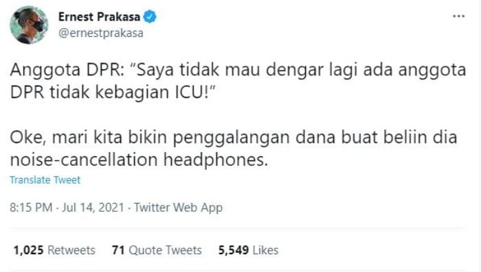 Ernest Prakasa Kritik Ketua PAN, Ajak Galang Dana Belikan Anggota DPR Headphone Peredam Suara