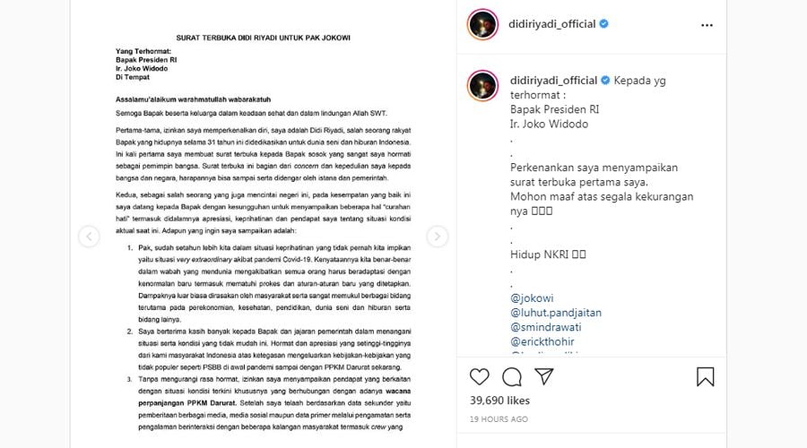 Aktor Didi Riyadi Tolak Perpanjangan PPKM dan Kirim Surat ke Jokowi: Mati Karena Wabah atau Karena Kelaparan