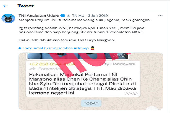 Unggahan konfirmasi TNI AU soal hoaks yang beredar. 