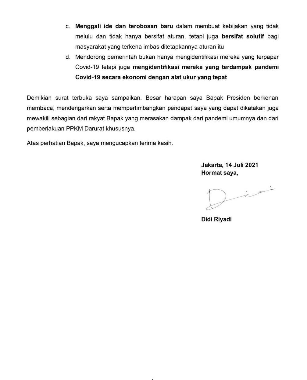 Menolak Perpanjanhan PPKM Darurat, Didi Royadi Tulis Surat Terbuka Kepada Presiden Jokowi