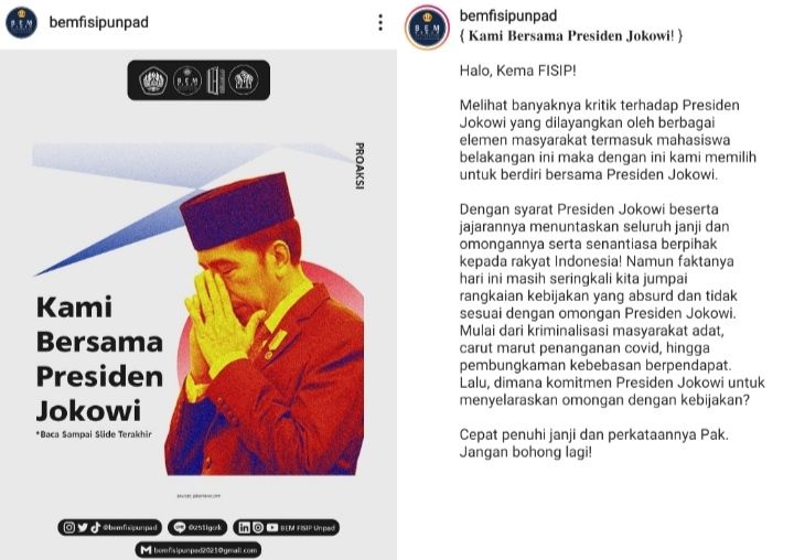 Tangkapan layar unggahan BEM FISIP UNPAD yang mengkritik pemerintahan Jokowi./