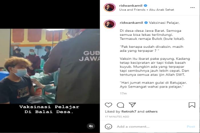 Gubernur Jawa Barat Ridwan Kamil minta percepat vaksinasi Covid-19 terhadap pelajar.