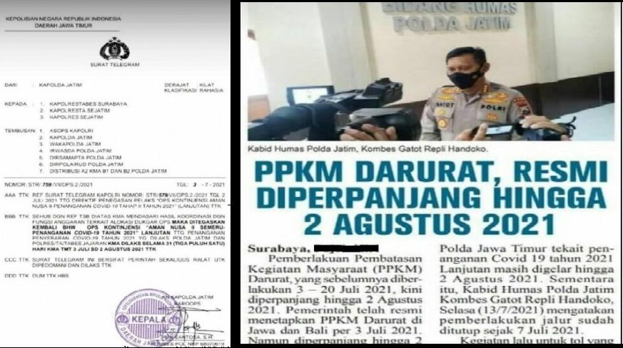 Kolase Surat Telegram Operasi Kontijensi Aman Nusa II Semeru dan tangkap layar media soal Perpanjangan PPKM Darurat./Dok. ANTARA