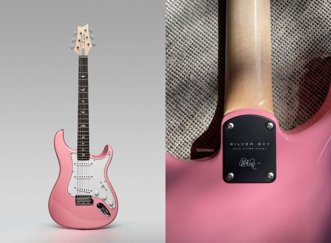 Kado gitar elektrik berwarna merah muda dengan tanda tangan John Mayer untuk Rose BLACKPINK