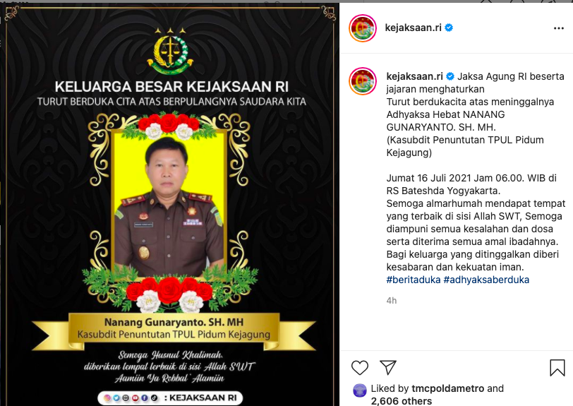 Tangkapan layar Kejaksaan Agun menutup kolom komentar di akun instagramnya saat mengabarkan Jaksa Nanang Gunaryanto meninggal dunia, Jumat 16 Juli 2021