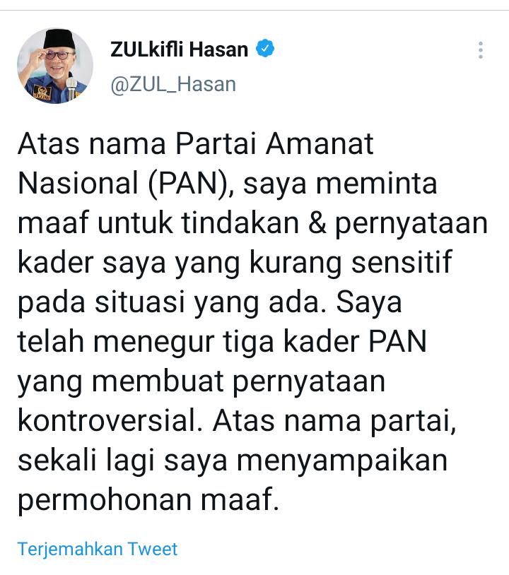 Cuitan Zulkifli Hasan soal pernyataan tiga kadernya.
