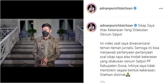 Bupati Gowa, Adnan Purichta Ichsan memberikan klarifikasi lewat akun Instagram pribadinya.
