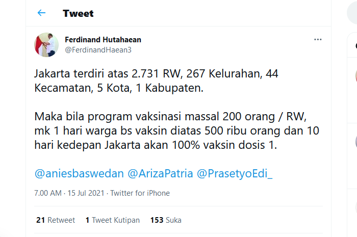 Cuitan Ferdinand Hutahaean soal skema vaksinasi Covid-19 yang bisa dilaksanakan di Jakarta