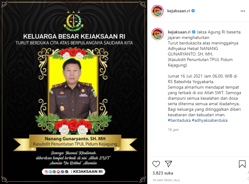 Berita duka meninggalnya Jaksa Nanang Gunaryanto.