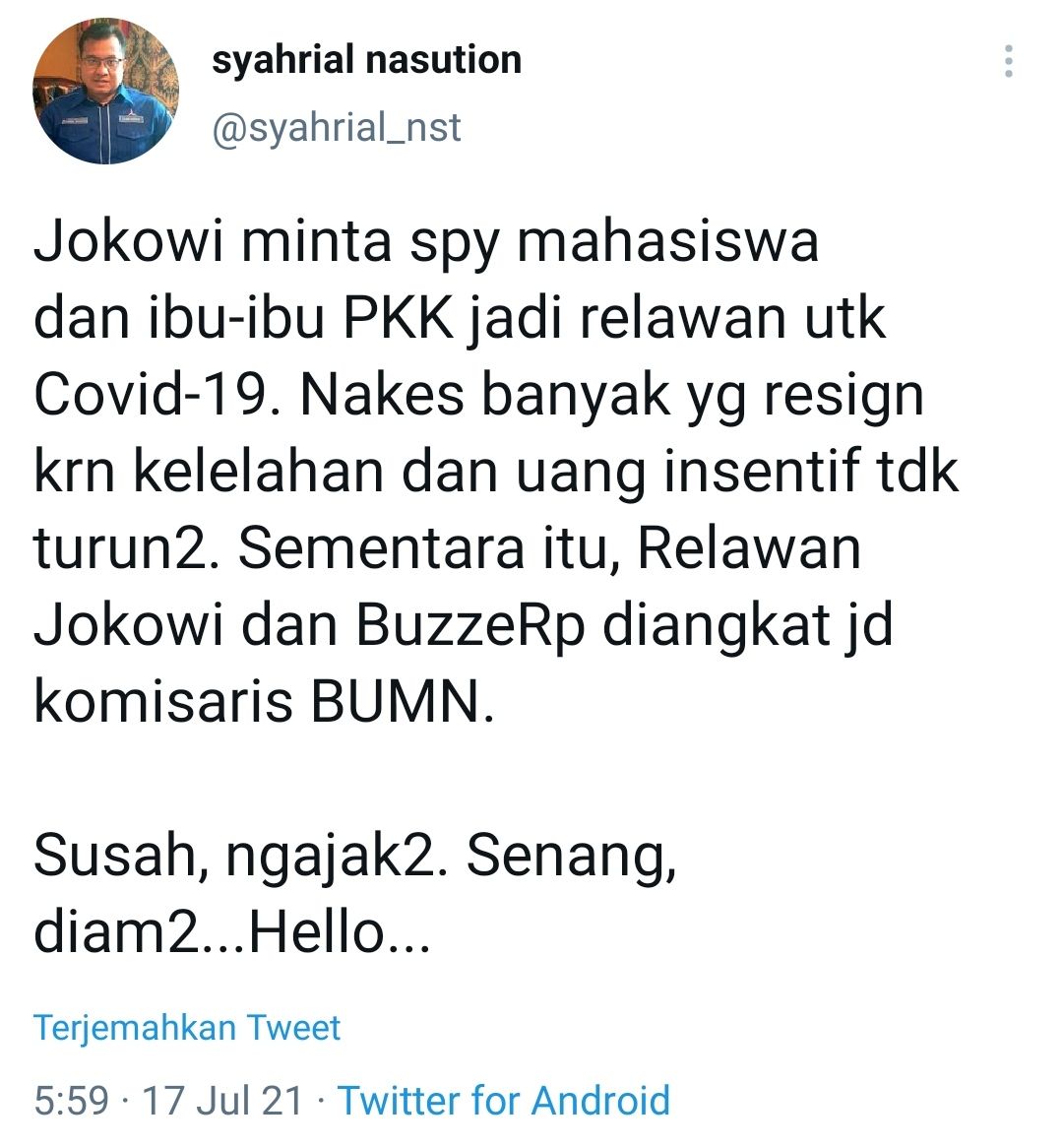 Tangkapan layar cuitan Syahrial Nasution soal ajakan Jokowi pada mahasiswa dan ibu-ibu PKK./