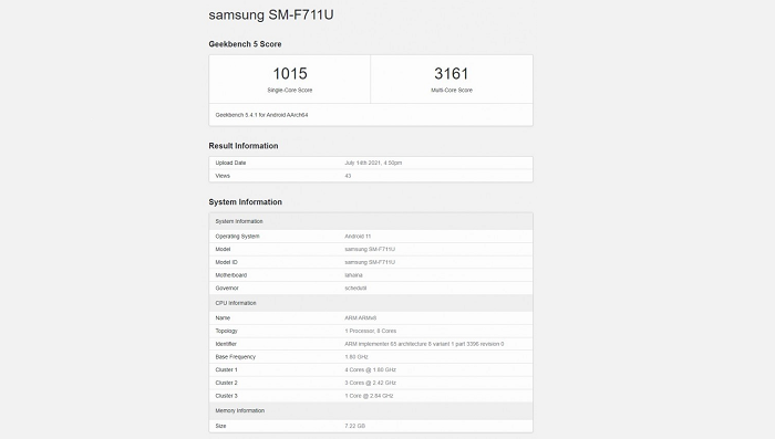 Skor Geekbench Samsung Galaxy Z Flip3.