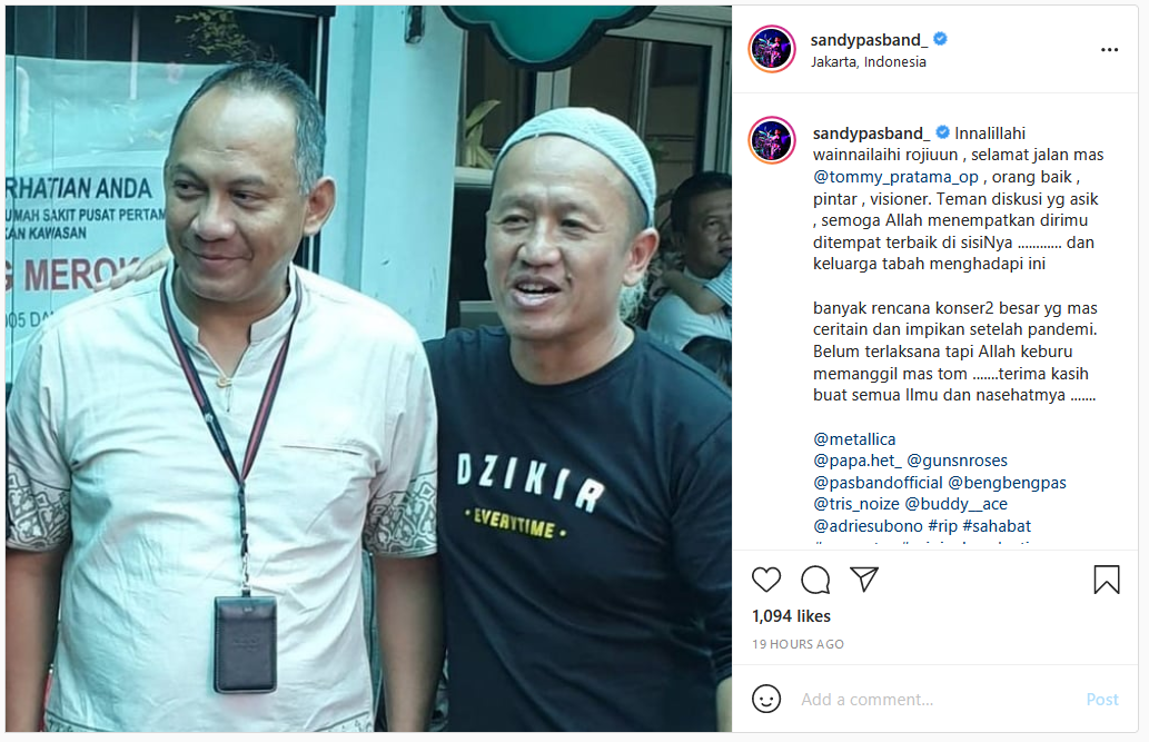 Kabar Duka, Promotor Musik Indonesia Meninggal Dunia, Sandy Pas Band: Selamat Jalan Mas