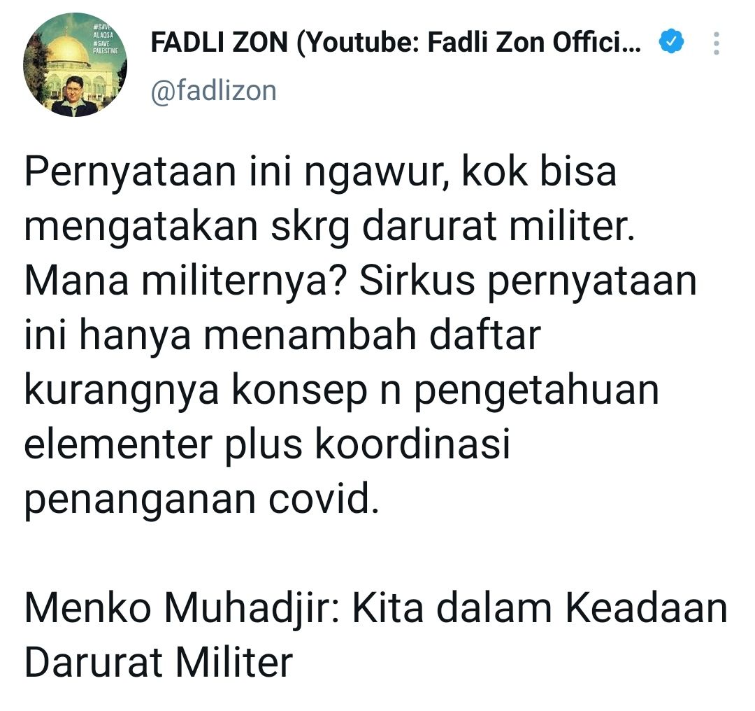Tangkapan layar cuitan Fadli Zon soal pernyataan Muhadjir Effendy./