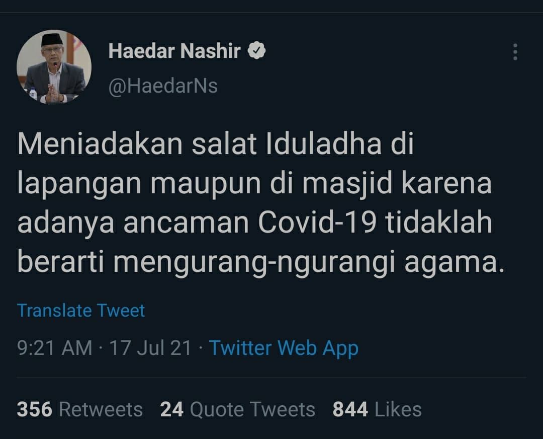 Tangkapan layar cuitan Ketua Umum Pusat Muhammadiyah Haedar Nashir.