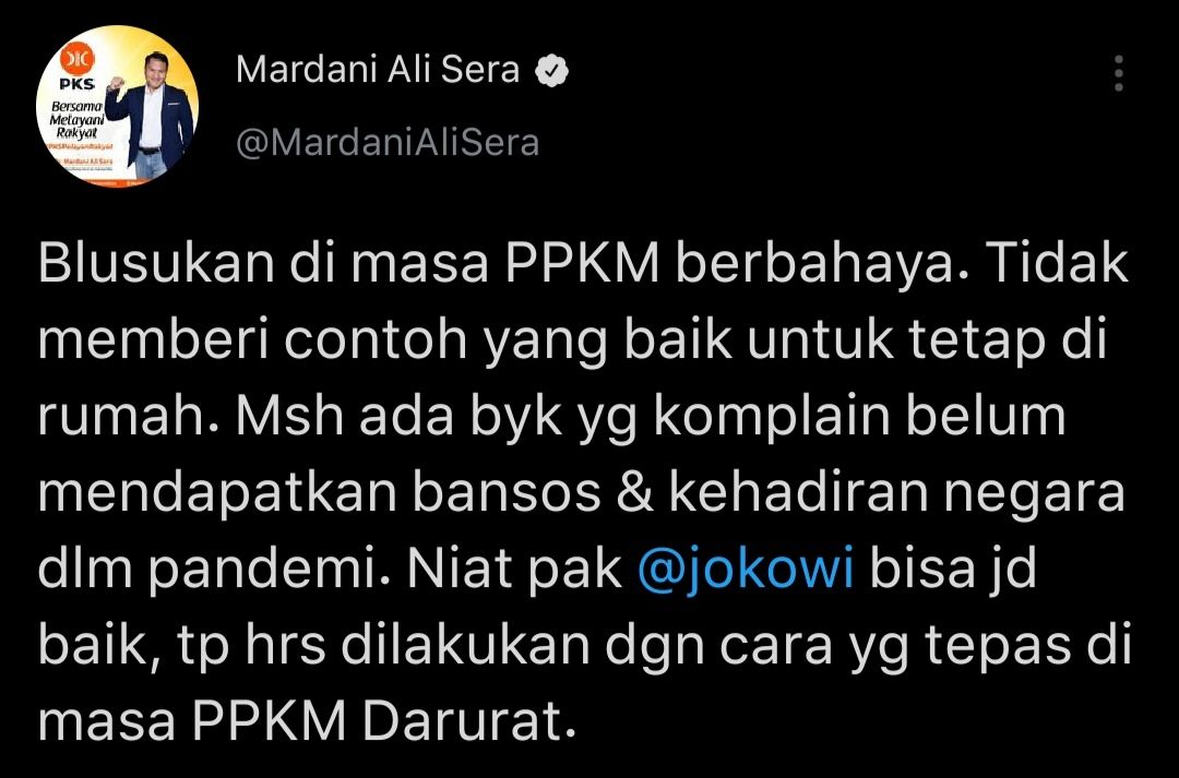 Mardani Ali menilai aksi blusukan Jokowi beri sembako dan obat-obatan pada malam hari saat PPKM Darurat berbahaya.