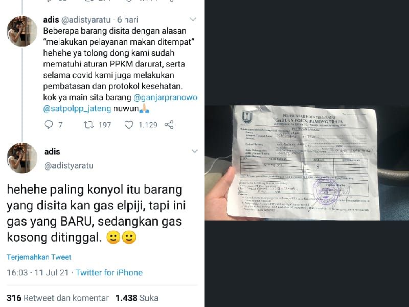 Tangkapan layar netizen curhat soal tabung gas elpiji milik warung makan orang tuanya yang disita Satpol PP saat terjaring razia PPKM Darurat.