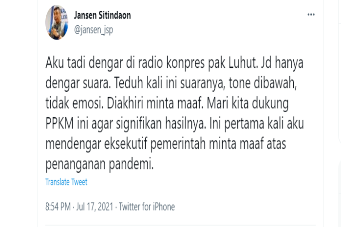 Cuitan Jansen Sitindaon terkait permintaan maaf Luhut Pandjaitan.