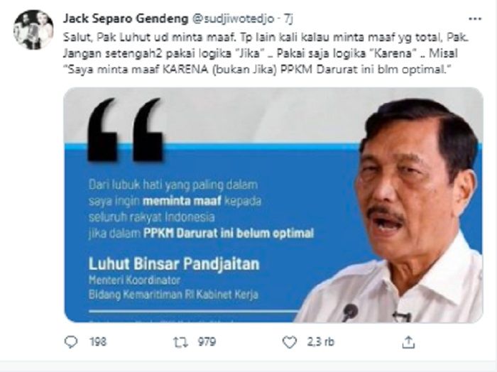 Sudjiwo Tedjo mengapresiasi dan mengoreski permintaan maaf Menteri Koordinator Bidang Kemaritiman, Luhut Binsar Pandjaitan.*