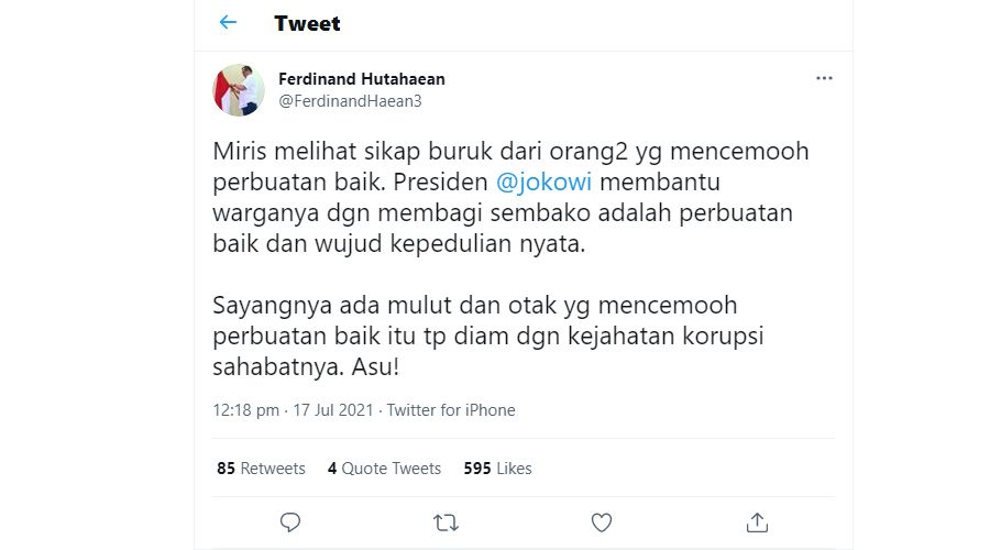 Ferdinand Hutahaean Miris dengan Orang-orang yang Menghina Jokowi Sedang Bagi-bagi Sembako