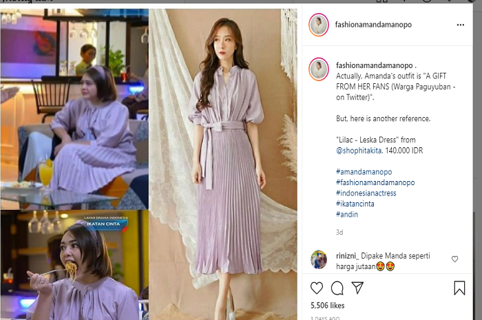 Amanda Manopo dibanjiri pujian oleh netizen karena kepergok gunakan dress pemberian fans dengan harga yang murah.