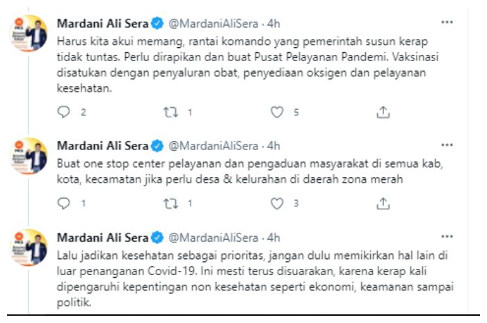 Cuitan Mardani Ali Sera terkait penanganan Covid-19 di Indonesia.