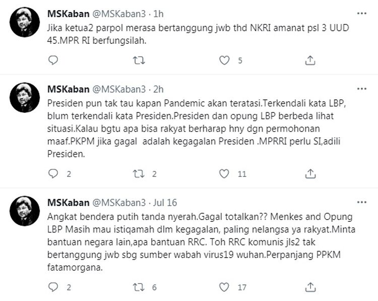 Kicauan MS Kaban Usulkan MPR RI Gelar Sidang Istimewa untuk Presiden Jokowi