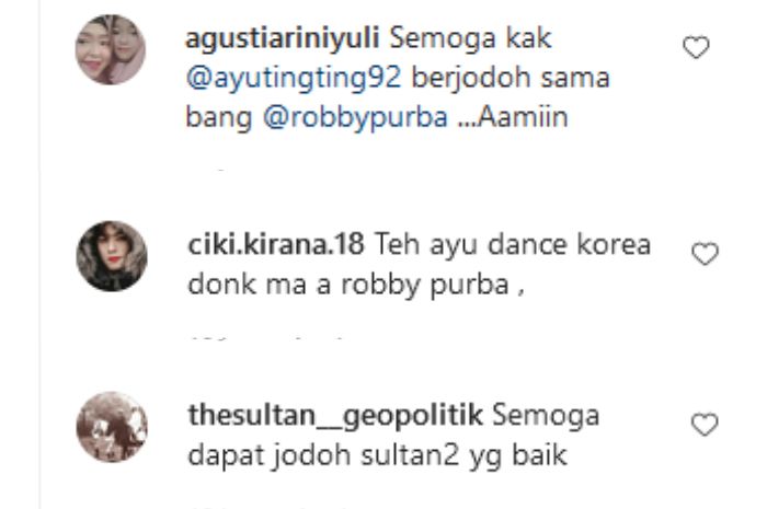 Komentar netizen yang mendoakan Ayu Ting Ting agar bisa berjodoh dengan Robby Purba.