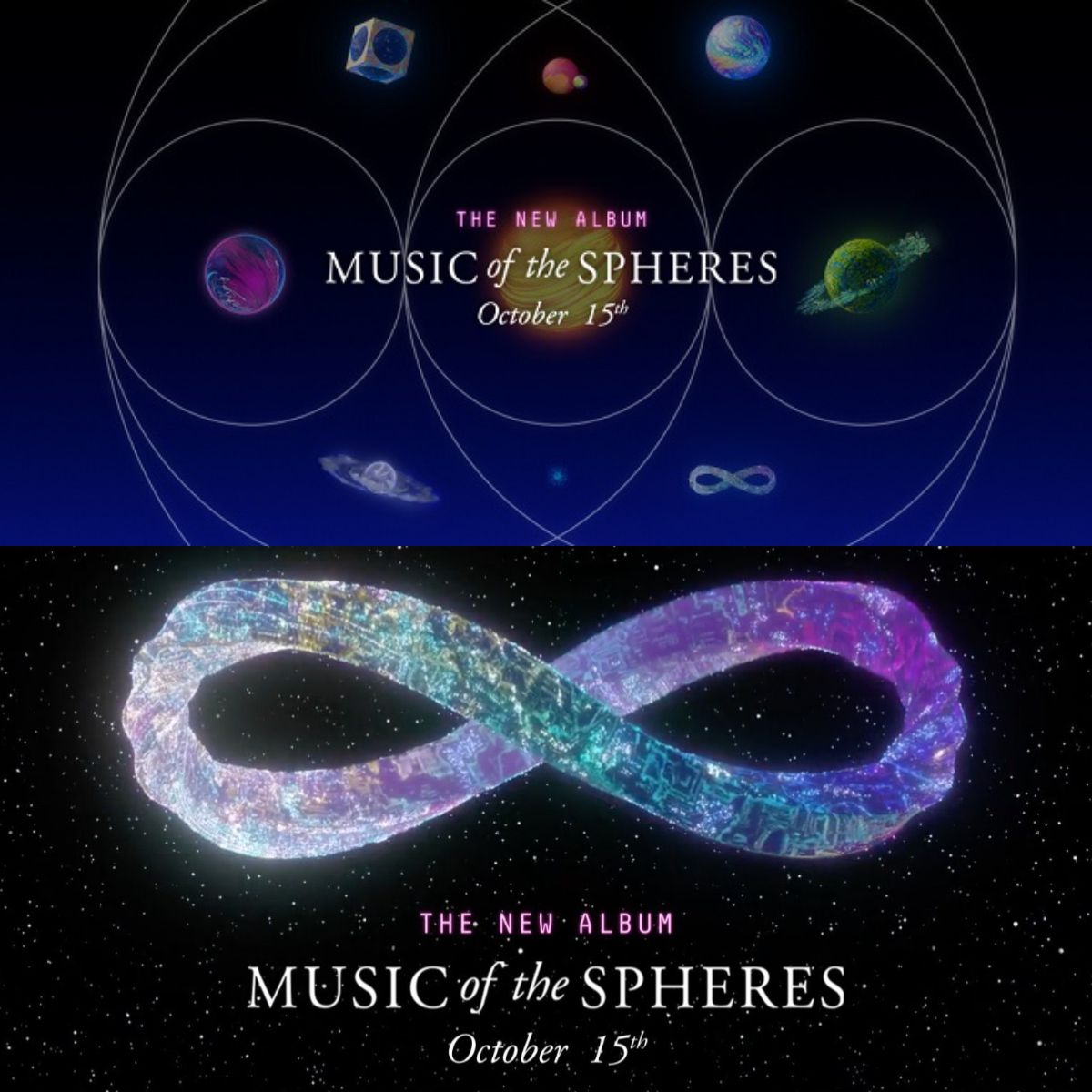 Foto konsep album Coldplay 'Music of the Spheres' (atas) dan Simbol infinity yang dipakai Coldplay 'Music of the Spheres' (bawah).
